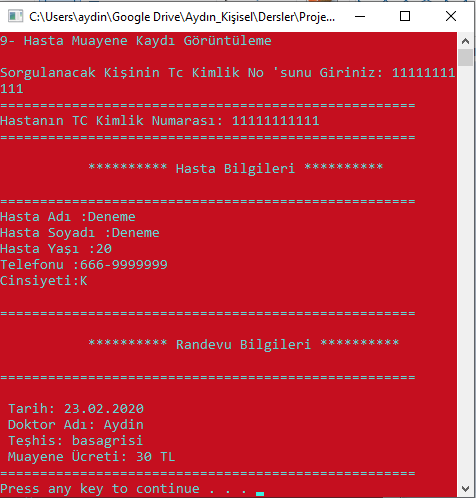 C++ Konsol Ekranında Hastane Otomasyonu Hasta Muayene Kaydı Görüntüleme