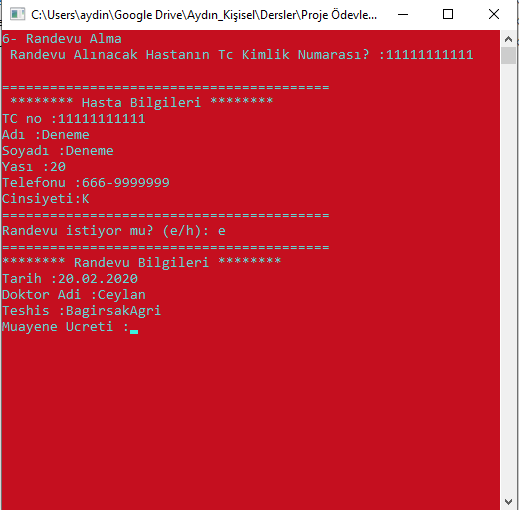 C++ Konsol Ekranında Hastane Otomasyon Randevu Alma